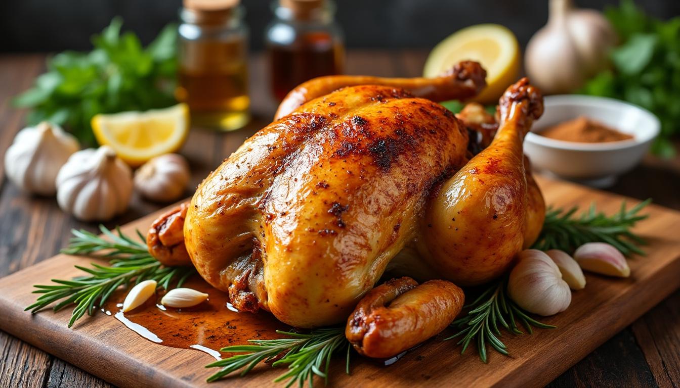 découvrez nos astuces infaillibles pour réussir un poulet au four à la peau croustillante et à la viande juteuse, pour un repas savoureux et facile à préparer.