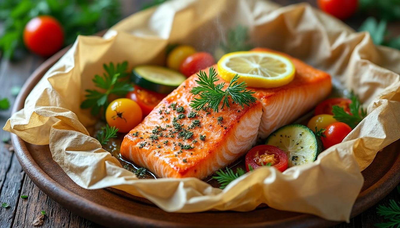découvrez notre recette simple de saumon en papillote au four, un plat savoureux et léger parfait pour un repas sain et gourmand.